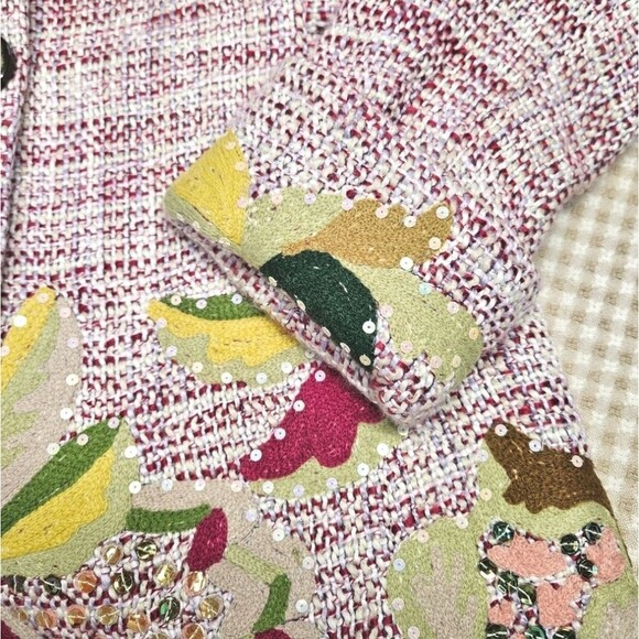 Kenzie Magenta Pink Textured Tweed Colorful Sequins Beads Abstract Design Blazer - Picture 2 of 16